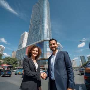 Business professionals shaking hands outside a tall office building in a cityscape.