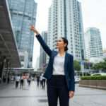 Businesswoman pointing towards city skyscrapers in a modern urban setting.