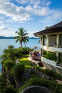 Beautiful Thai house with ocean view and lush garden.