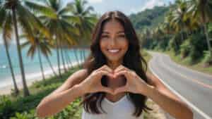 Happy woman making a heart shape with hands on tropical beach road in Thailand.